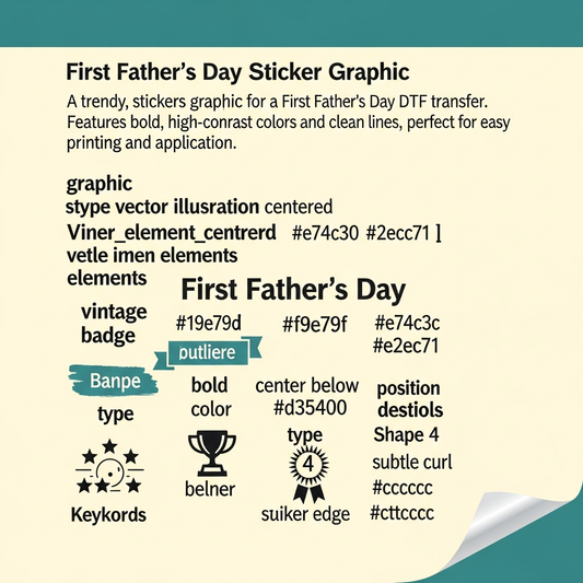 First Father's Day sticker style DTF heat transfer graphic with bold outlines and high contrast colors, ready to press on t-shirts and hoodies
