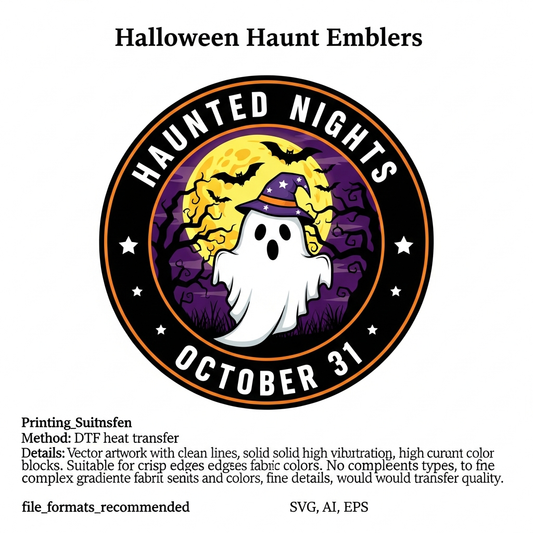 Halloween badge emblem style ready to press DTF heat transfer graphic with high contrast colors and vector illustration design, suitable for t-shirts, hoodies and tote bags
