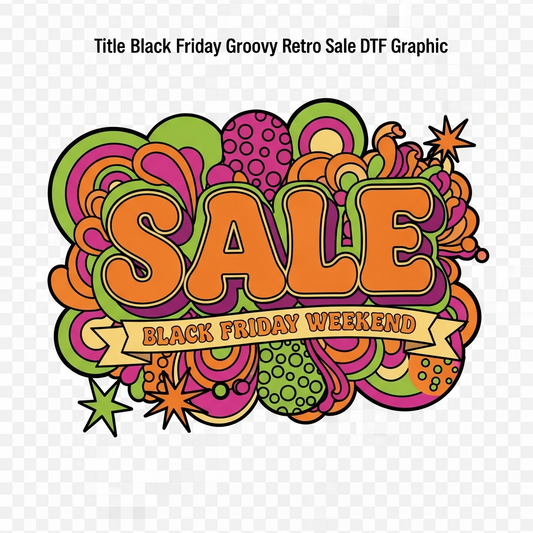 Black Friday Weekend groovy 70s retro style ready to press DTF heat transfer graphic with bold high contrast colors and vector illustration design suitable for t-shirts hoodies and apparel