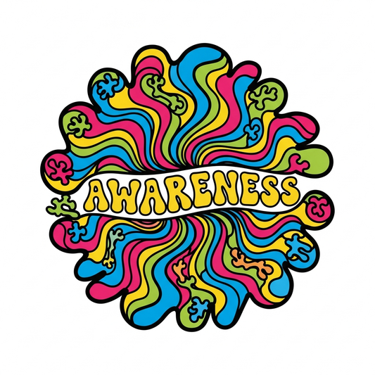 Psychedelic 60s style Down Syndrome Awareness Month ready to press DTF heat transfer graphic with bold swirling colors and clean vector illustration on a transparent background