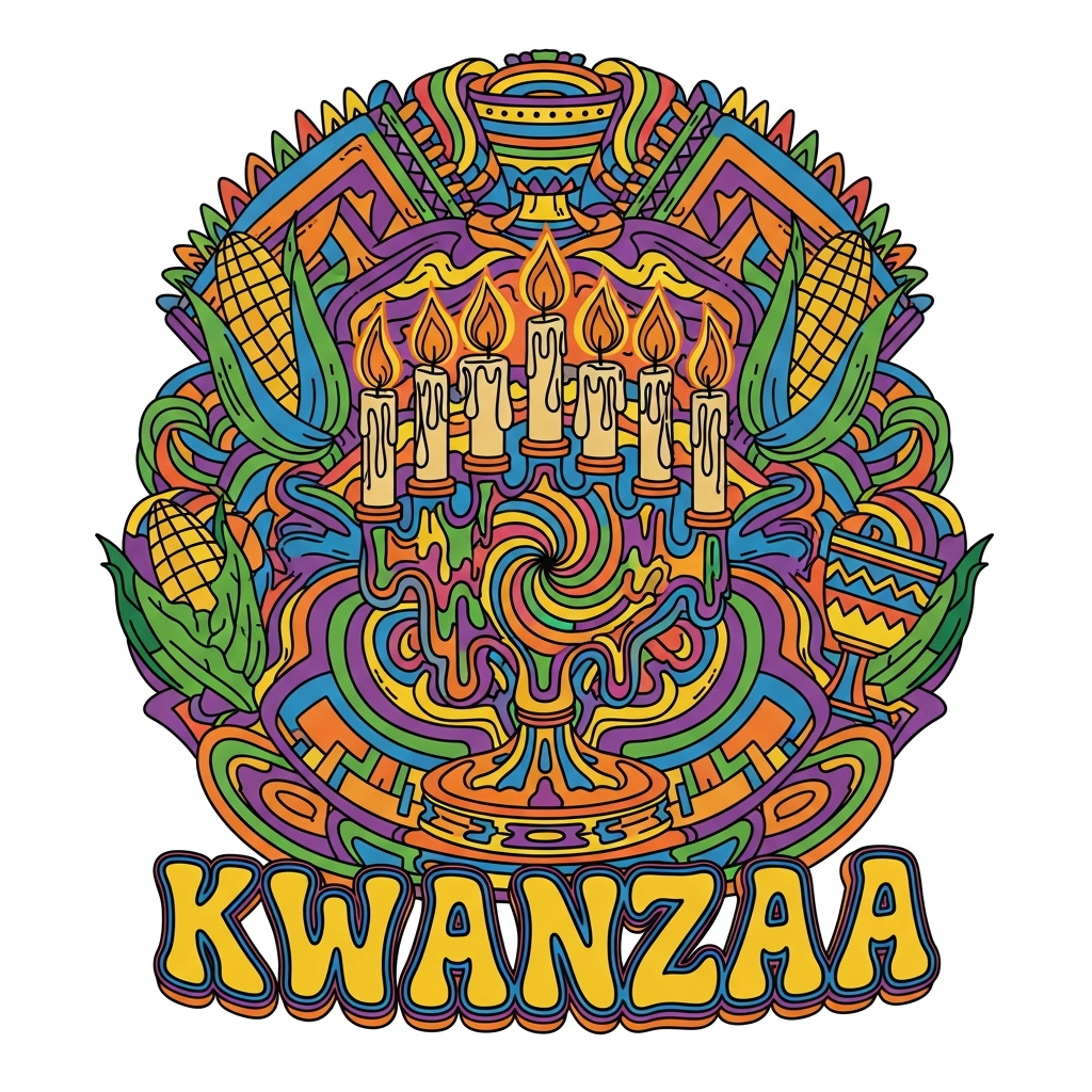 Psychedelic 60s style Kwanzaa ready-to-press DTF heat transfer graphic featuring vibrant high contrast colors, swirling retro patterns, and clean vector illustration celebrating Kwanzaa