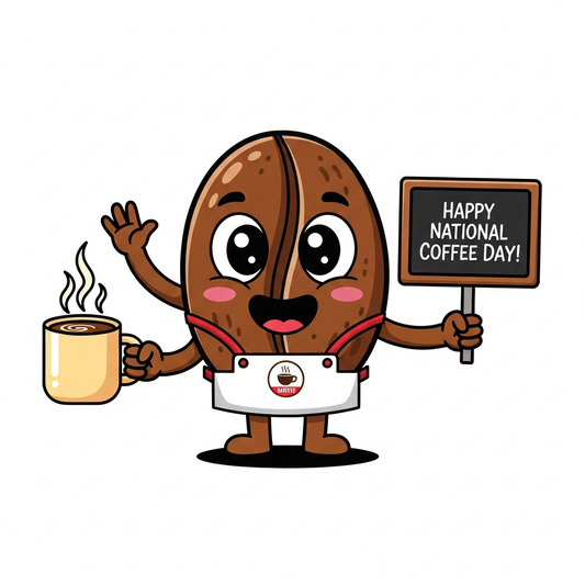 National Coffee Day cartoon mascot ready to press DTF heat transfer graphic with bold colors and clean vector outlines, suitable for t-shirts, hoodies, and tote bags