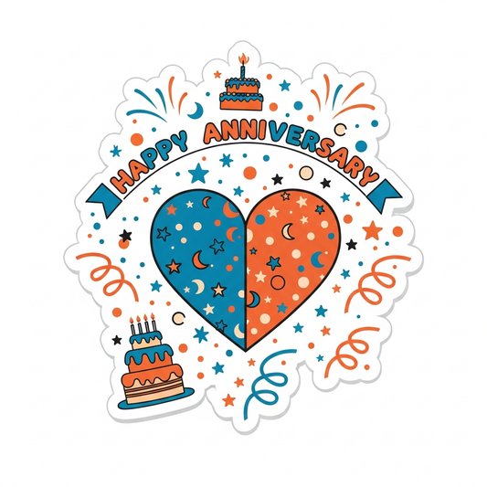 Anniversary celebration sticker style DTF heat transfer graphic with bold vector illustration, high contrast colors, and clean outlines – ready to press on t-shirts, hoodies, and custom apparel