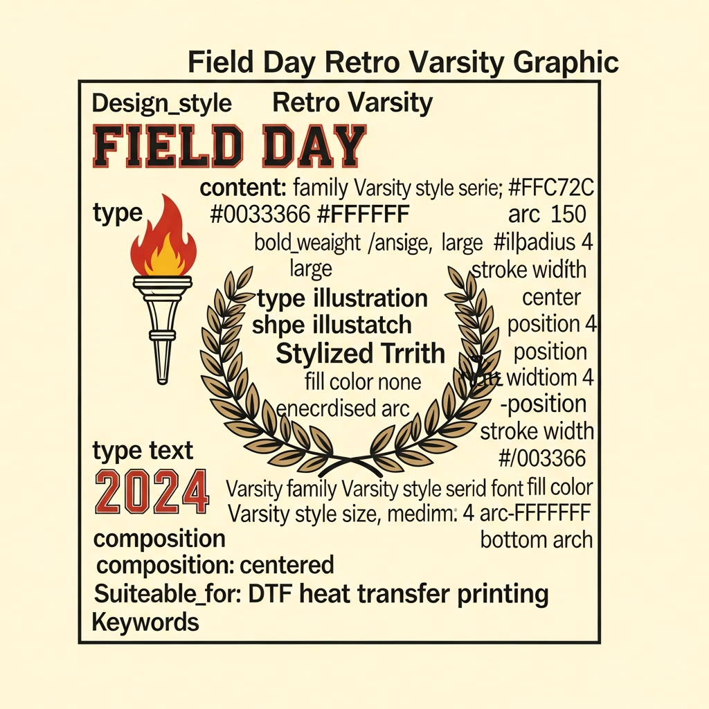 Retro varsity style Field Day DTF heat transfer graphic with high contrast colors and bold vector illustration, ready to press on t-shirts and hoodies