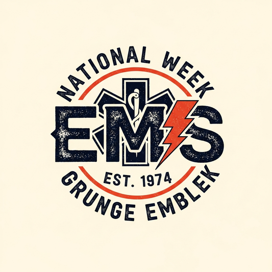 National EMS Week ready to press DTF heat transfer featuring grunge distressed lettering in high contrast colors, centered composition, suitable for t-shirts hoodies and apparel, professional print quality DTF transfer graphic