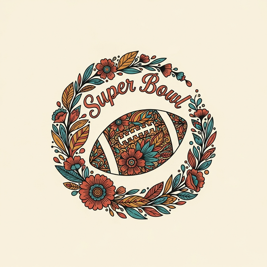 Super Bowl boho floral style ready to press DTF heat transfer graphic with high contrast colors and centered vector illustration design for t-shirts and hoodies
