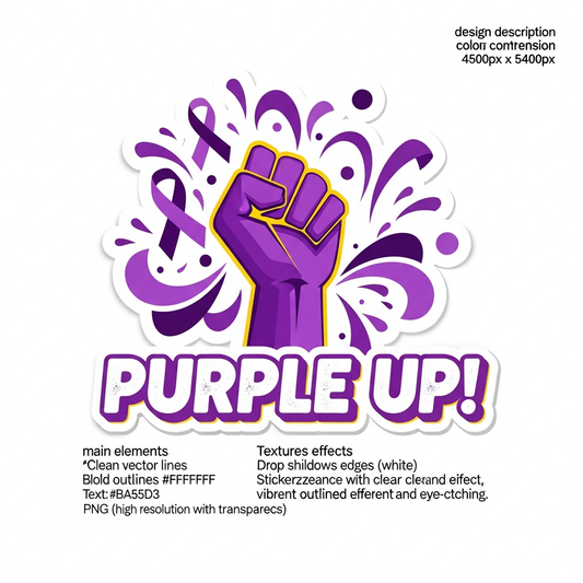 Purple Up Day sticker style DTF heat transfer graphic with bold high contrast colors and clean vector outlines ready to press on t-shirts and hoodies