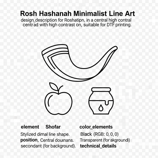 Minimalist line art Rosh Hashanah ready to press DTF heat transfer graphic featuring clean vector-style outlines and high-contrast Jewish New Year design elements, suitable for t-shirts, hoodies, and apparel