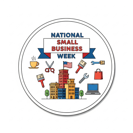 National Small Business Week sticker style ready to press DTF heat transfer graphic with bold vector illustration and high contrast colors for t-shirts and apparel
