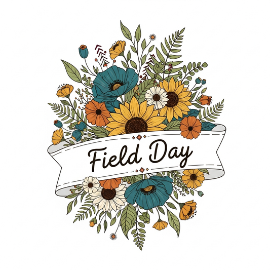 Field Day boho floral ready-to-press DTF heat transfer graphic featuring a centered vector-style floral illustration with high-contrast colors and clean outlines, suitable for t-shirts, hoodies, and tote bags