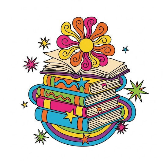 Groovy 70s retro Book Club Event ready-to-press DTF heat transfer graphic with bold retro typography and high-contrast colors, suitable for t-shirts hoodies and tote bags