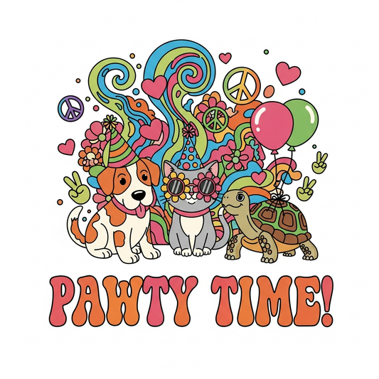 Ready to press DTF heat transfer featuring a psychedelic 60s style pet birthday graphic with bold swirling patterns, high contrast colors, and clean vector illustration — suitable for t-shirts, hoodies, and tote bags