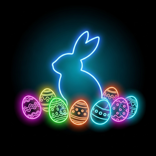 Neon glow Easter ready to press DTF heat transfer graphic with vibrant high-contrast colors and centered vector-style illustration, suitable for t-shirts hoodies and tote bags