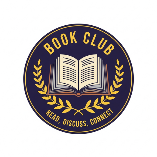 Book club event badge emblem style DTF heat transfer graphic, ready to press, high contrast vector design for t-shirts and apparel