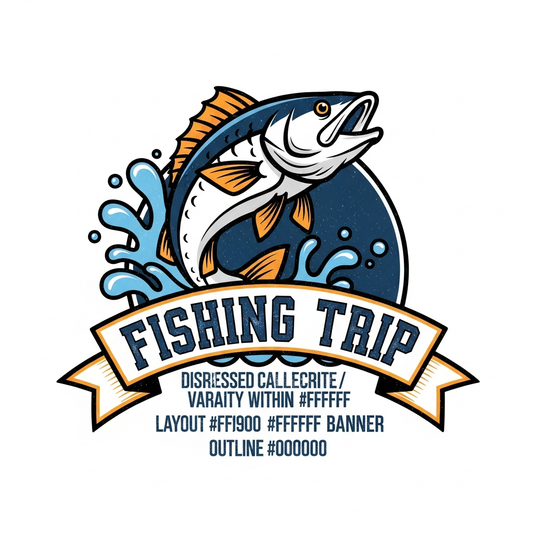 Retro varsity style fishing trip DTF heat transfer graphic with high contrast colors and clean vector illustration, ready to press on t-shirts and hoodies