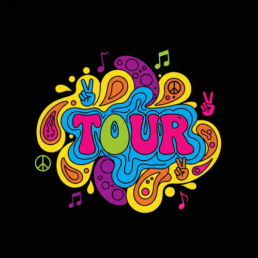 Psychedelic 60s style concert tour DTF heat transfer graphic with swirling high contrast colors and vector illustration design, ready to press for t-shirts and hoodies