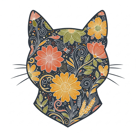 Boho floral National Cat Day ready to press DTF heat transfer graphic featuring a centered vector-style cat illustration with intricate floral details and high contrast colors, suitable for t-shirts hoodies and tote bags