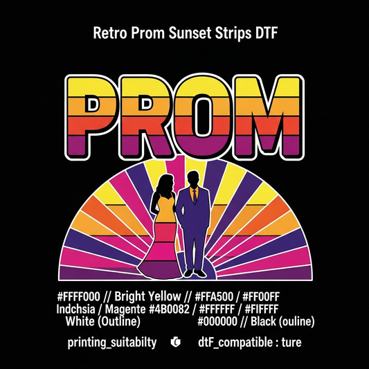 Retro sunset stripes prom DTF heat transfer graphic with bold gradient stripes and vibrant high-contrast colors, ready to press on t-shirts and hoodies