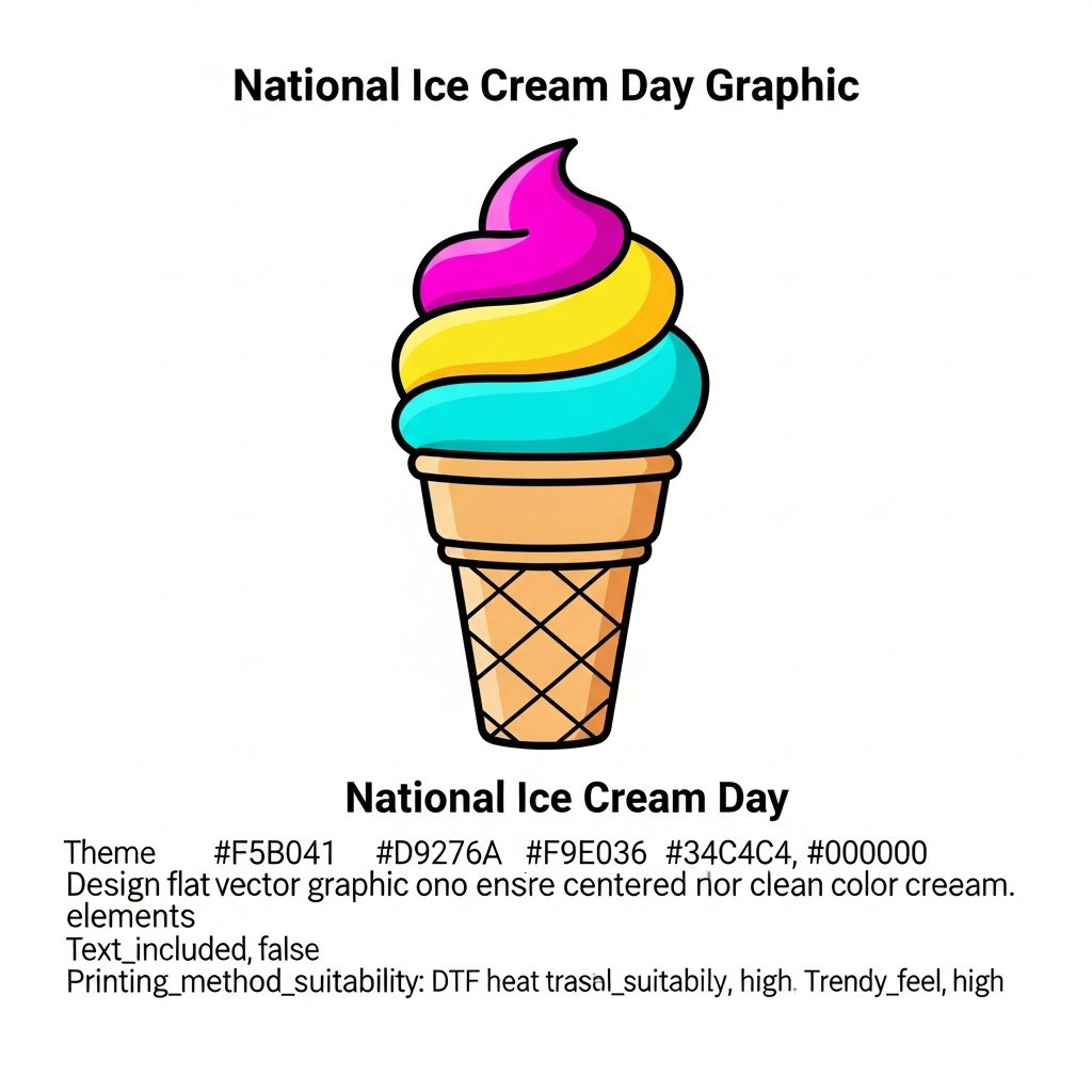 National Ice Cream Day modern flat vector DTF heat transfer graphic featuring a vibrant ice cream illustration with bold colors and clean outlines, ready to press on t-shirts and apparel