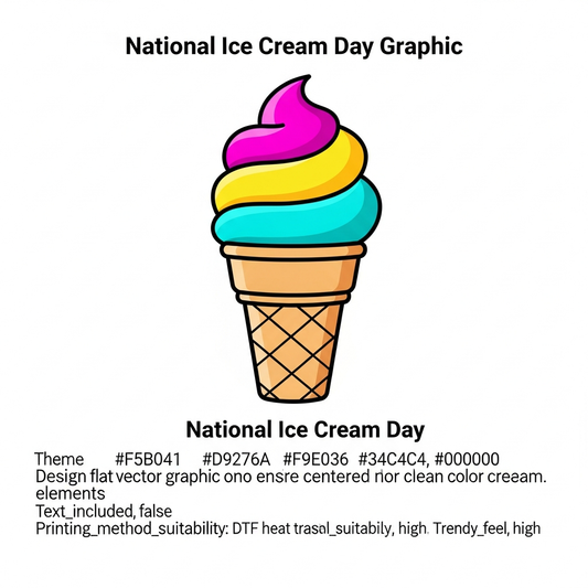 National Ice Cream Day modern flat vector DTF heat transfer graphic featuring a vibrant ice cream illustration with bold colors and clean outlines, ready to press on t-shirts and apparel