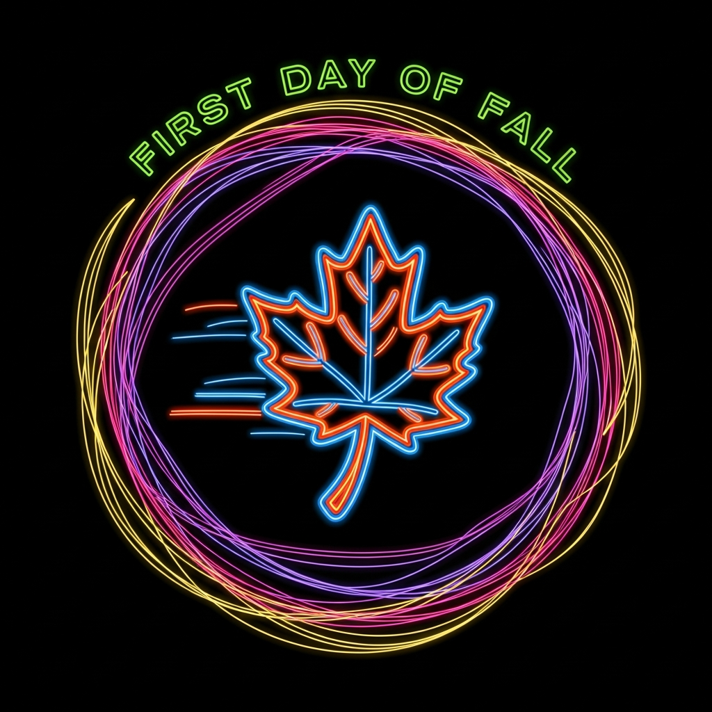 First Day of Fall neon glow ready to press DTF heat transfer graphic with vibrant high contrast colors and clean vector outlines, suitable for t-shirts hoodies and apparel