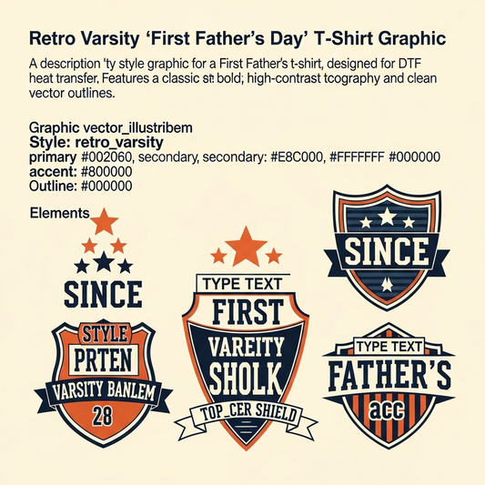 Retro varsity style First Father's Day DTF heat transfer graphic with bold lettering and high contrast colors, ready to press on t-shirts and hoodies