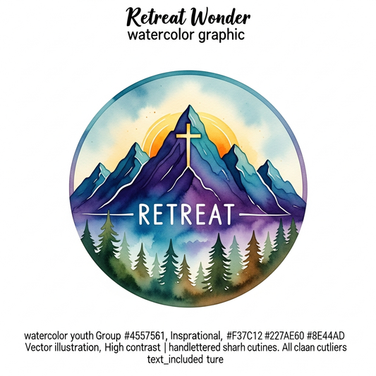 Watercolor illustration DTF heat transfer design for a youth group retreat, featuring vibrant high-contrast colors and clean outlines, ready to press onto t-shirts hoodies and tote bags