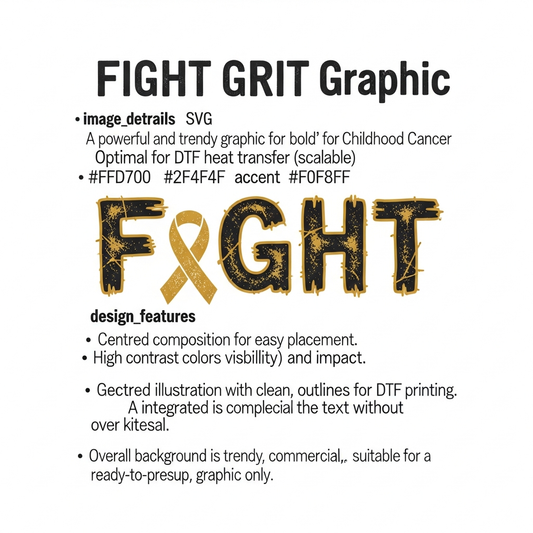 Childhood Cancer Awareness Month ready to press DTF heat transfer featuring grunge distressed lettering in high-contrast colors, suitable for t-shirts, hoodies, and custom apparel printing