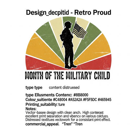 Vintage retro distressed Month of the Military Child ready-to-press DTF heat transfer graphic with high contrast colors and centered vector-style illustration, suitable for t-shirts, hoodies, and custom apparel