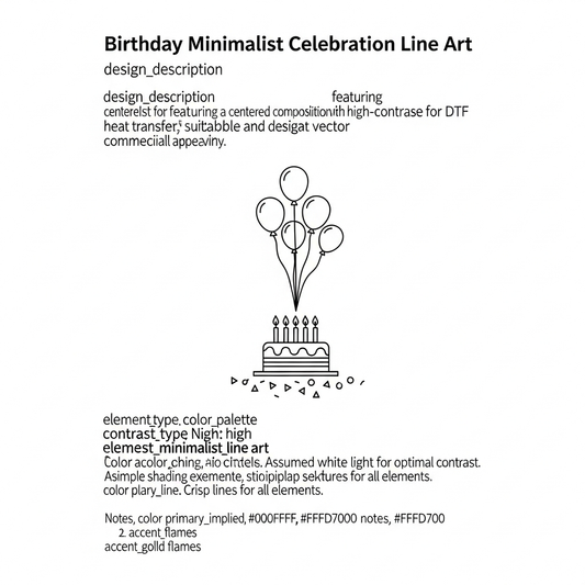 Minimalist line art birthday celebration DTF heat transfer graphic, ready to press design for t-shirts and hoodies, high contrast vector style illustration suitable for DTF printing