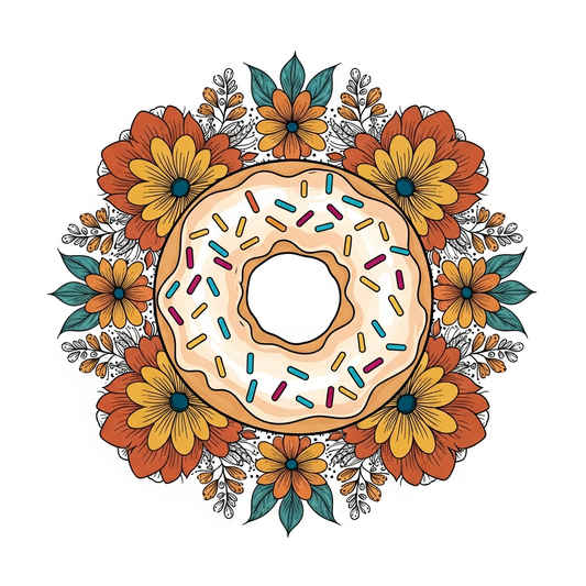 National Donut Day boho floral ready to press DTF heat transfer graphic with centered composition, intricate floral illustration, and high-contrast vector-style design suitable for t-shirts, hoodies, and tote bags