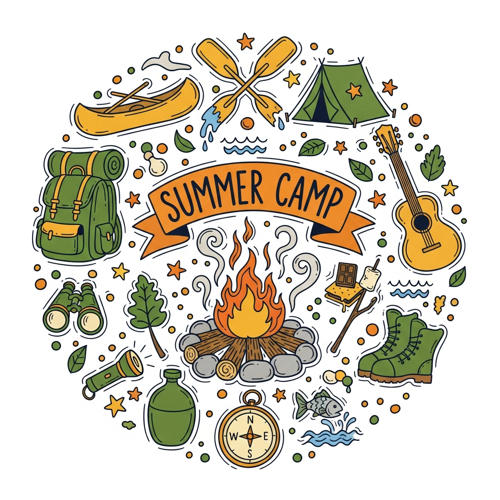 Hand drawn doodle style summer camp DTF heat transfer graphic with bold colors and clean outlines, ready to press on t-shirts and hoodies