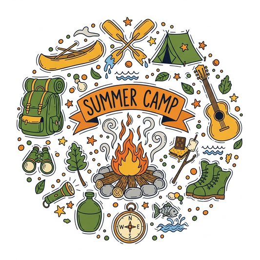 Hand drawn doodle style summer camp DTF heat transfer graphic with bold colors and clean outlines, ready to press on t-shirts and hoodies
