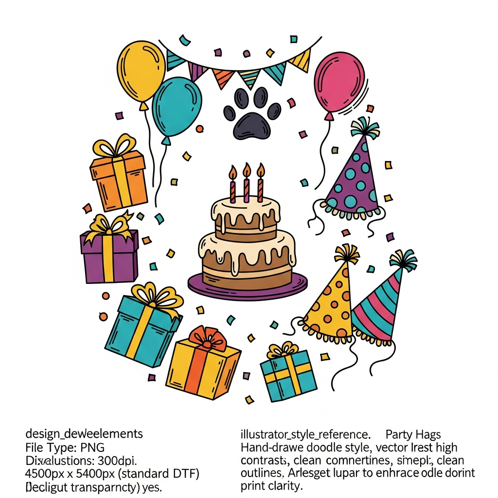 Hand drawn doodle style pet birthday DTF heat transfer graphic featuring cute animals and birthday elements, ready to press on t-shirts and hoodies