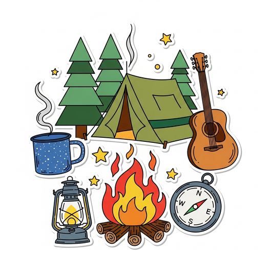 Summer camp sticker style DTF heat transfer graphic with bold outlines and high contrast colors, ready to press on t-shirts and hoodies