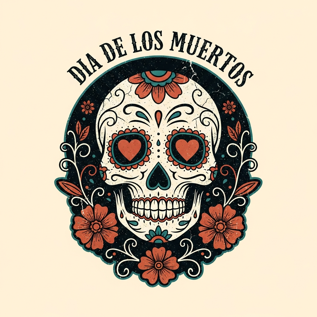 Dia de los Muertos vintage retro distressed DTF heat transfer ready to press graphic featuring sugar skull illustration with high contrast colors and vector style design