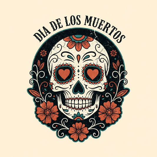 Dia de los Muertos vintage retro distressed DTF heat transfer ready to press graphic featuring sugar skull illustration with high contrast colors and vector style design