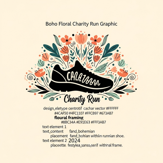 Boho floral charity run ready to press DTF heat transfer graphic with intricate floral illustration and high contrast colors, suitable for t-shirts hoodies and tote bags