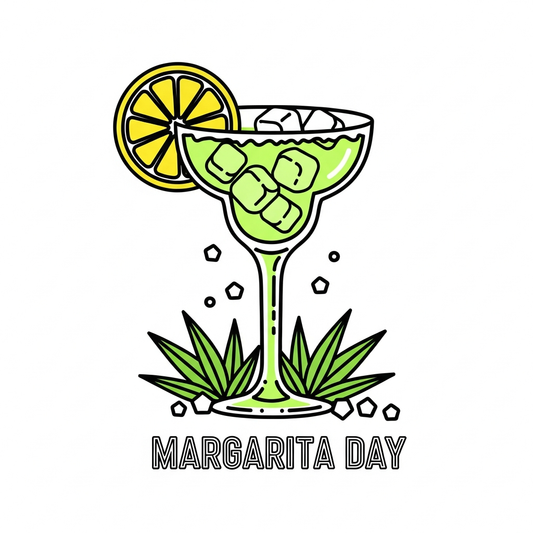 National Margarita Day ready to press DTF heat transfer featuring a bold outline illustration of a margarita glass with high contrast colors, designed for t-shirts, hoodies, and apparel printing
