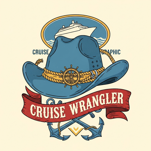 Ready to press DTF heat transfer featuring a western cowboy vintage cruise vacation graphic with high contrast vector style illustration and clean outlines suitable for t-shirts hoodies and tote bags