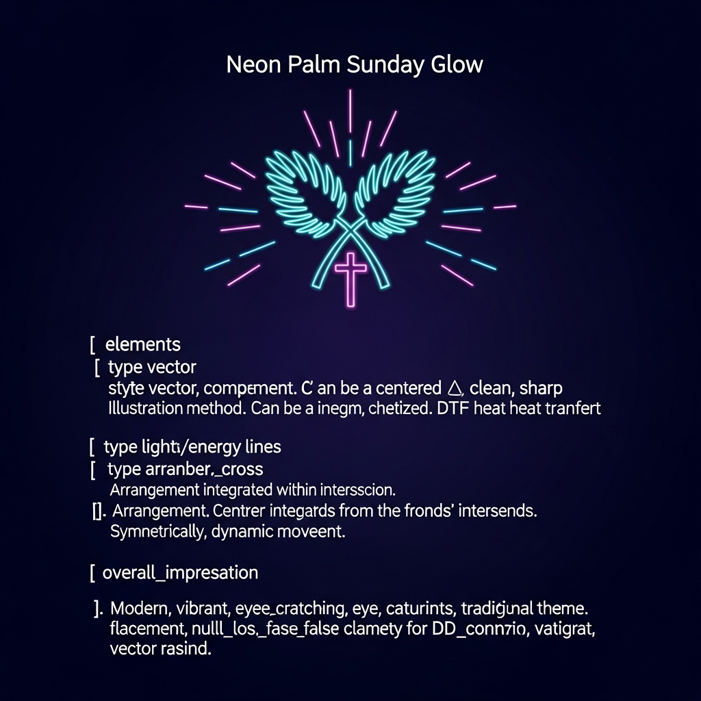 Palm Sunday neon glow ready to press DTF heat transfer graphic featuring vibrant neon-style illustration with high contrast colors, centered composition, suitable for t-shirts hoodies and apparel printing