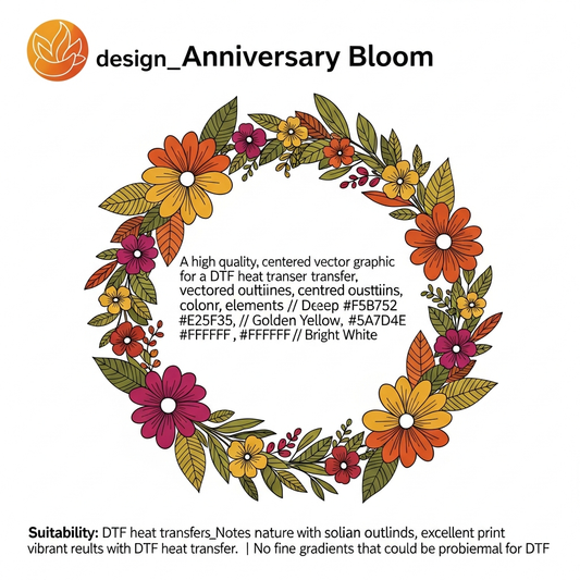 Boho floral anniversary celebration DTF heat transfer graphic with centered botanical design, high contrast colors, and vector-style illustration — ready to press on t-shirts, hoodies, and apparel