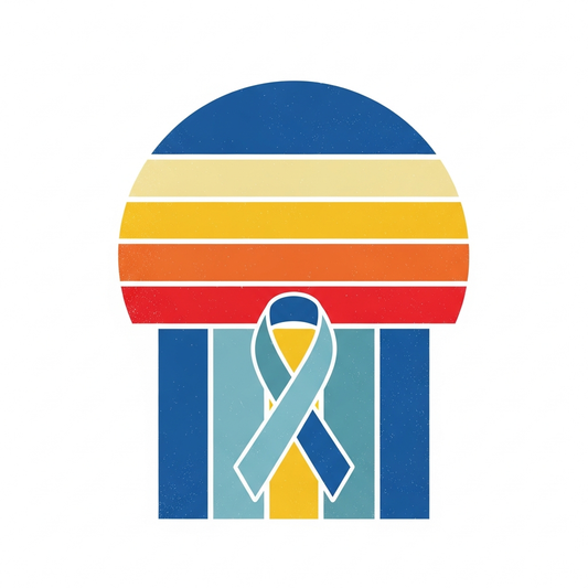 Down Syndrome Awareness Month ready to press DTF heat transfer featuring a retro sunset stripes design with bold high contrast colors and vector style illustration, suitable for t-shirts hoodies and tote bags