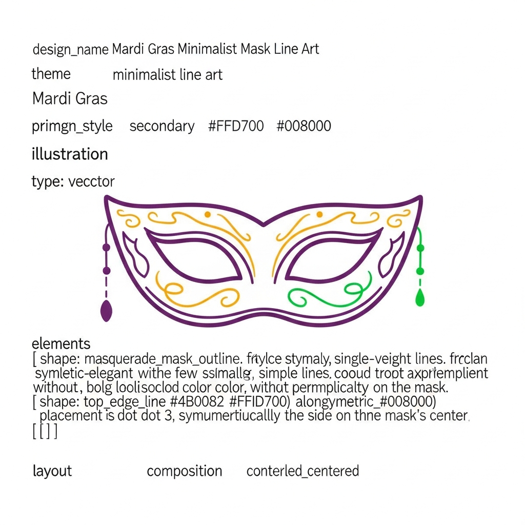 Minimalist line art Mardi Gras DTF heat transfer design featuring high-contrast festive graphics, ready to press on t-shirts and apparel