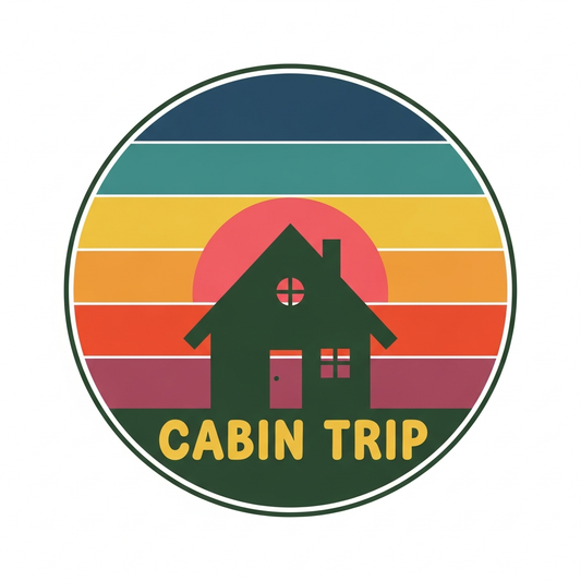 Cabin Trip retro sunset stripes ready to press DTF heat transfer graphic with centered vector illustration and high contrast colors, suitable for t-shirts hoodies and tote bags