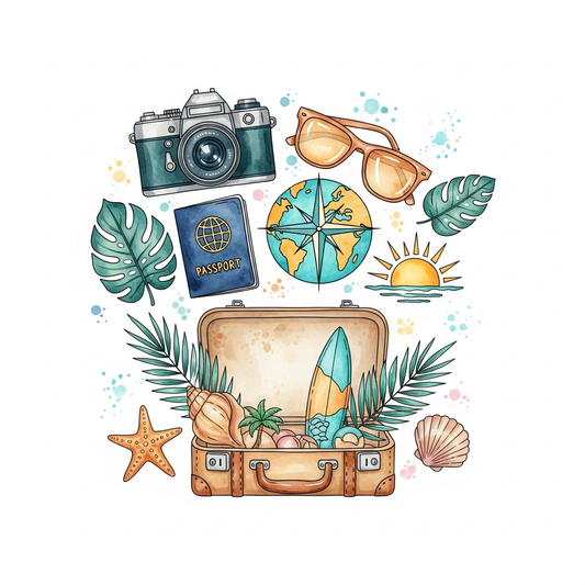 Family vacation watercolor illustration DTF transfer design, ready to press heat transfer graphic with vibrant colors and clean outlines, suitable for t-shirts, hoodies, and tote bags
