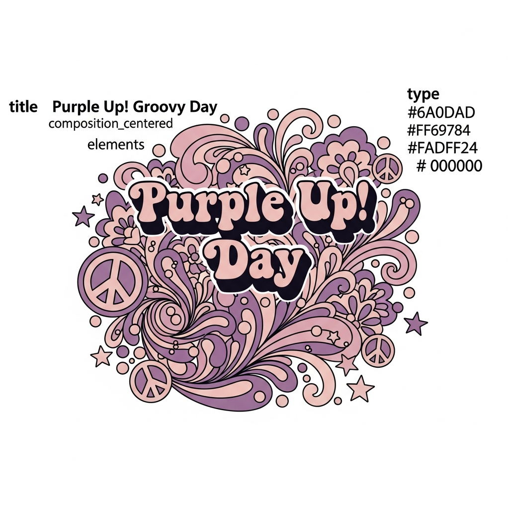Purple Up! Day groovy 70s retro style ready-to-press DTF heat transfer graphic with bold high-contrast colors and vector illustration design for t-shirts and apparel