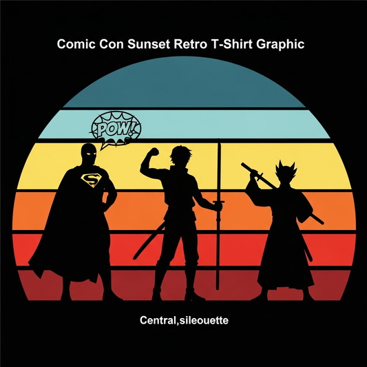 Comic Convention retro sunset stripes ready to press DTF heat transfer graphic with bold vector illustration and high contrast retro color palette, suitable for t-shirts, hoodies, and tote bags