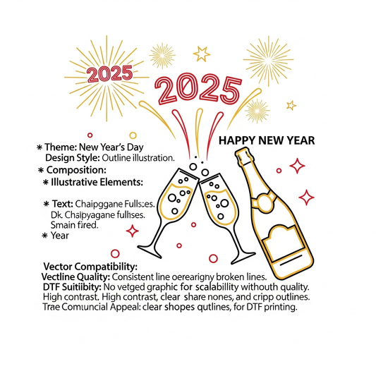 New Year's Day ready-to-press DTF heat transfer featuring a bold outline illustration style with clean vector lines and high contrast design, suitable for t-shirts, hoodies, and custom apparel