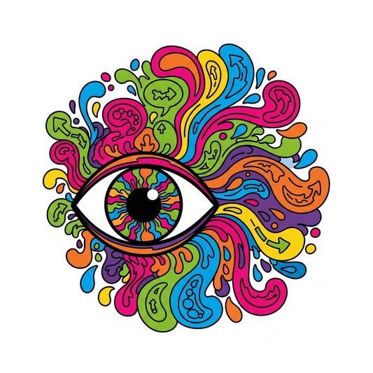 Psychedelic 60s style trade show DTF heat transfer graphic with swirling retro design, high contrast colors, and bold vector illustration, ready to press on t-shirts and hoodies